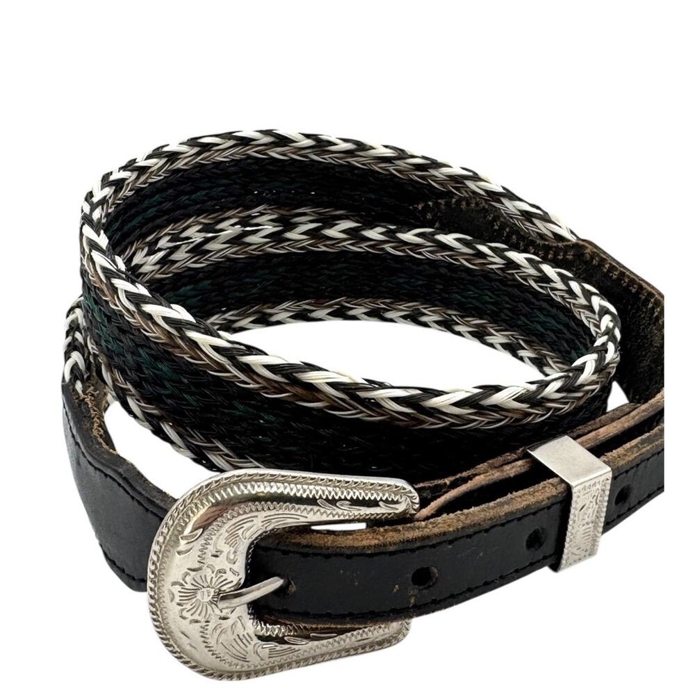 Vtg Belt Brushy Creek Belt Unisex 36 Woven Braided Green Black Leather Western